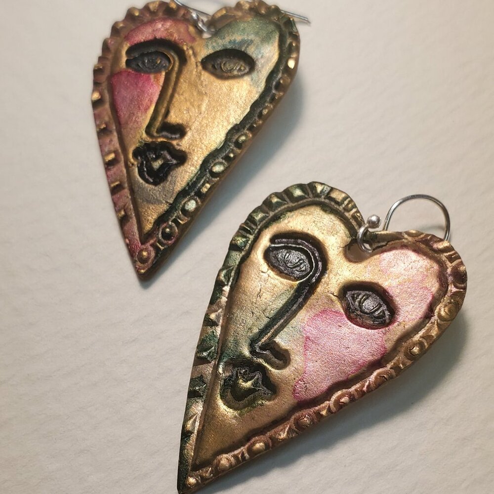 Handmade Heart Face Earrings in Solid Bronze